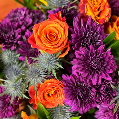 Bouquet of orange roses and purple chrysanthemums with greenery on a blurred background